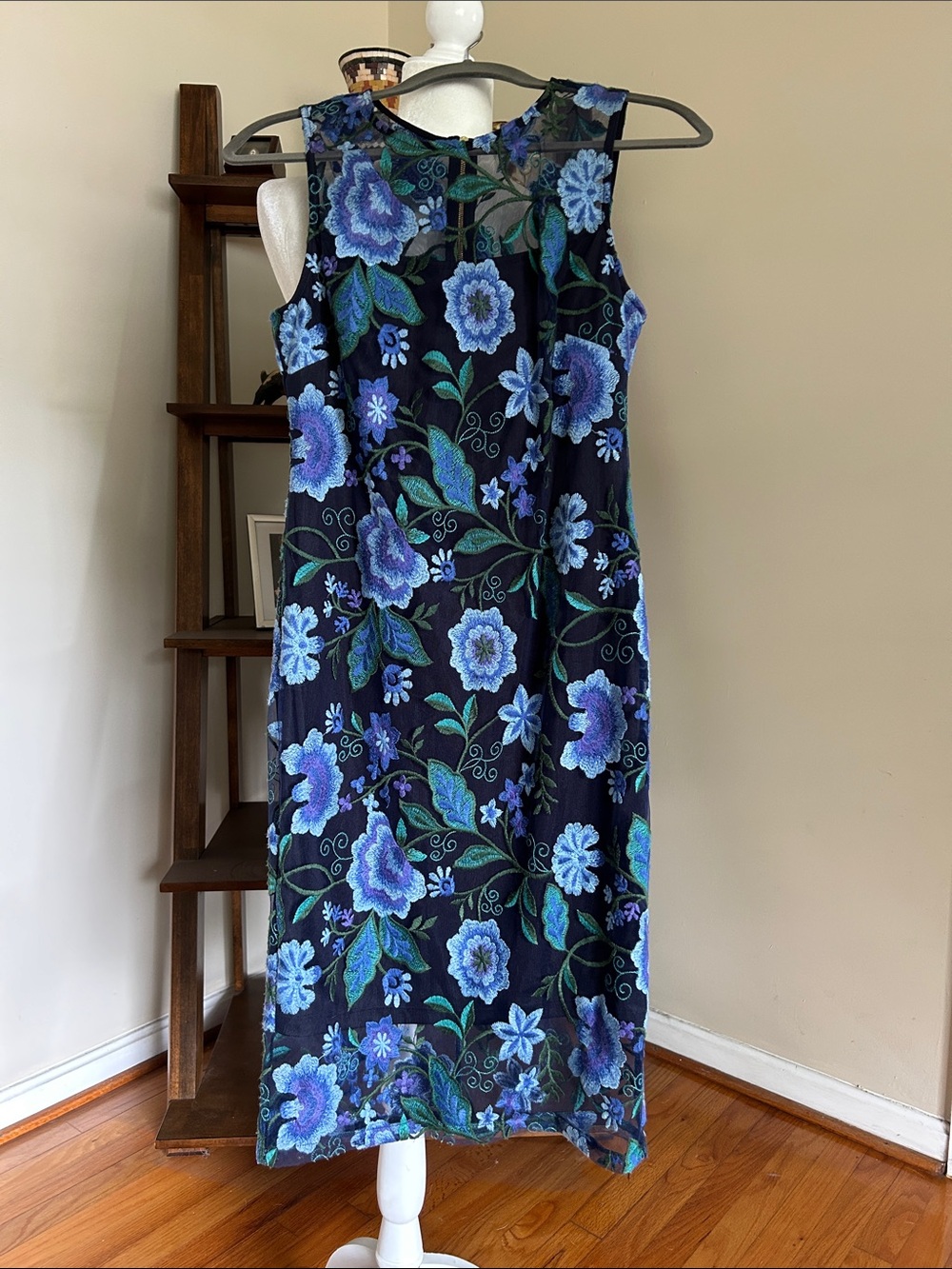 Calvin Klein Black Midi Dress with Blue and Teal Floral Applique